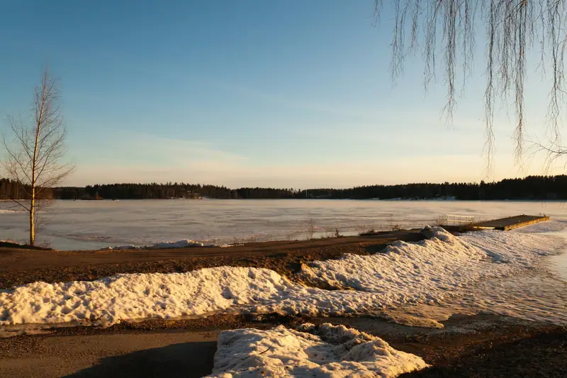 Jään peittämä järvi ja sulavia lumikinoksia rannalla kevätillan auringossa, etualalla koivuja ja laituri.