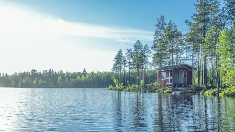Punainen mökki järven rannalla mäntyjen keskellä aurinkoisena kesäpäivänä.